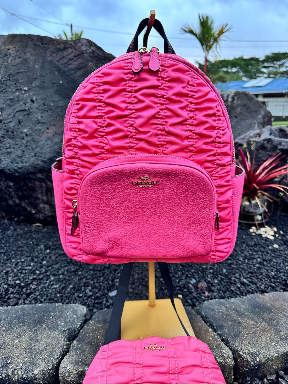 Coach C4094 2021 Hot Pink Ruched Nylon Leather Backpack + Pouch - Picture 2 of 14